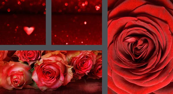 Collage San Valentín Con Rosas Corazones —  Fotos de Stock