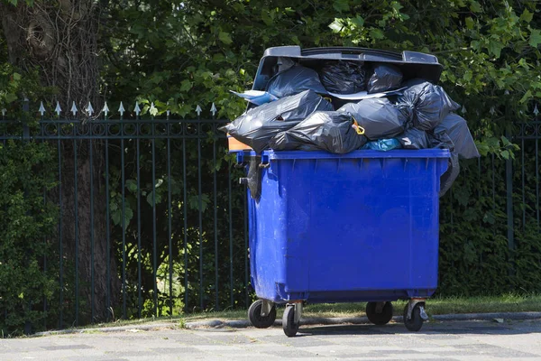 Cubo Basura Ruedas Azules Desbordado Con Bolsas Basura Calle Frente — Foto de Stock