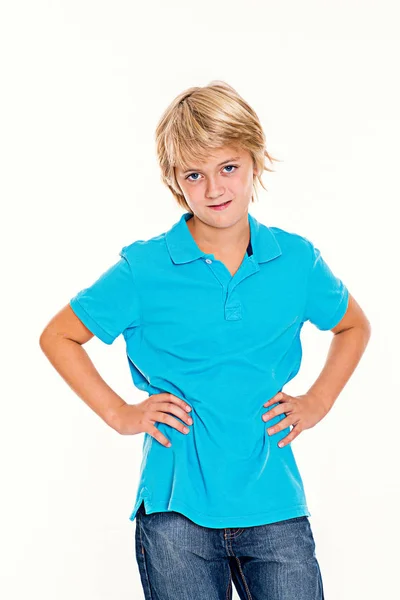 Smiling Blond Boy Front White Background — Stock Photo, Image