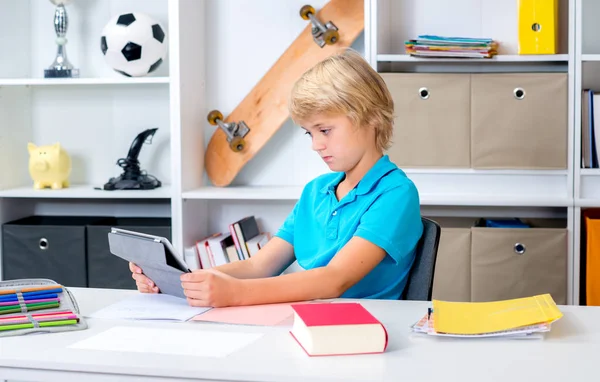 Blond Boy Using Tablet Computer His Room — Stock Photo, Image