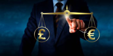 Investor trading the British pound sterling at par with the Euro. A golden pair of scales are keeping the pound sign and euro currency symbol in equilibrium. Business concept for currency exchange. clipart