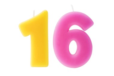 Colorful birthday candles in the form of the number sixteen on white background clipart