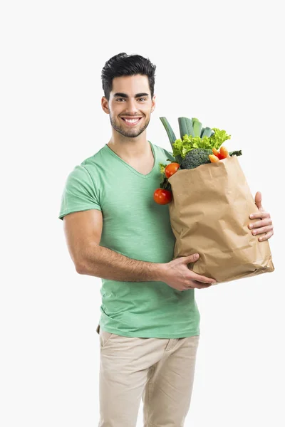 Beau Jeune Homme Portant Sac Plein Légumes Isolé Sur Fond — Photo