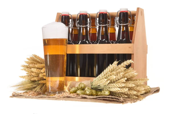 Ölbönor Och Ölglas Med Vete Korn Humle Och Malt Isolerade — Stockfoto