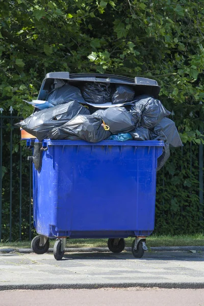 Blaue Mülltonnen Voller Müllsäcke Auf Der Straße Vor Einem Gartenzaun — Stockfoto