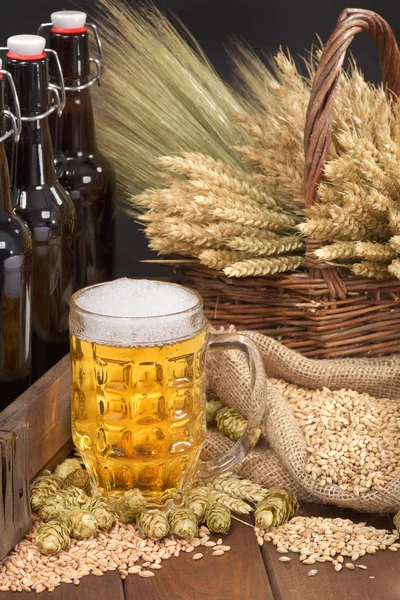 啤酒盒和啤酒杯 配以小麦 啤酒花和麦芽 — 图库照片