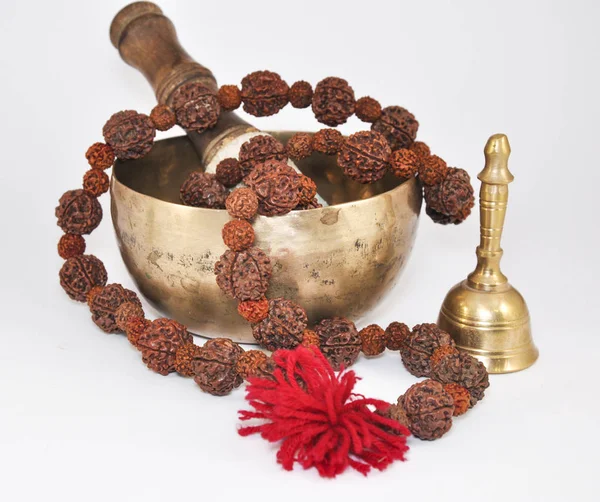 Tibetan Singing Bowl Beads Metal Bell White Background — Stock Photo, Image