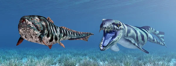 Computadora Generó Ilustración Con Cocodrilo Prehistórico Dakosaurus Pez Prehistórico Dunkleosteus —  Fotos de Stock