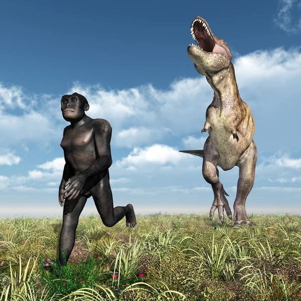 Computador Gerou Ilustração Com Homo Habilis Dinossauro Tyrannosaurus Rex Homo — Fotografia de Stock