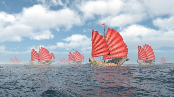 Počítač Generované Ilustrace Flotilou Čínských Džunky — Stock fotografie