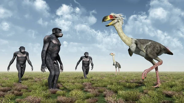 Computer Gegenereerd Illustratie Met Homo Habilis Terreur Vogel Phorusrhacos Homo — Stockfoto