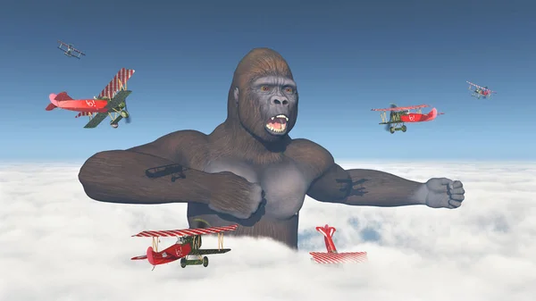 Ilustración Generada Por Ordenador Con Biplano Gorila Gigante — Foto de Stock