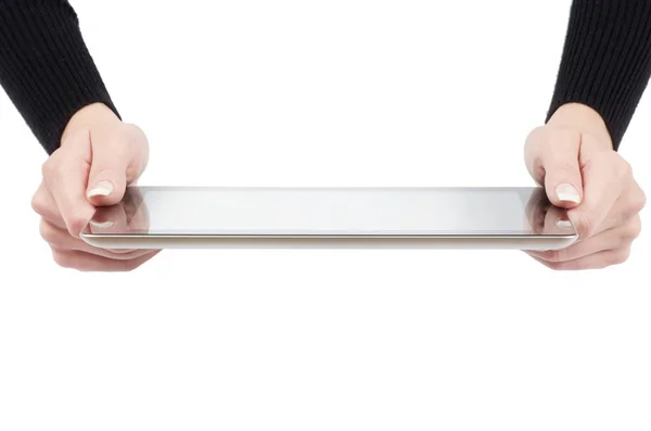 Γυναικεία Χέρια Κρατώντας Ένα Tablet Αφής Υπολογιστή Gadget Απομονωμένη Οθόνη — Φωτογραφία Αρχείου