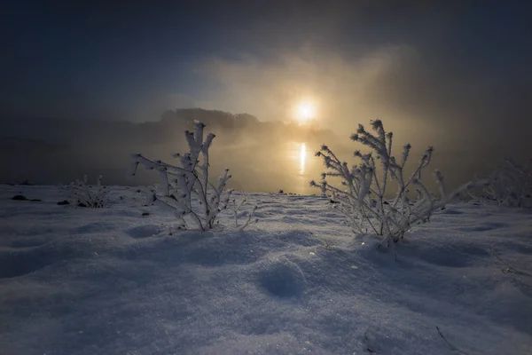 Alba Nella Neve Con Nebbia Sole Lago — Foto Stock