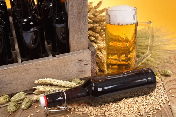 Bierkasten Und Bierglas Mit Weizen Gerste Hopfen Und Malz — Stockfoto