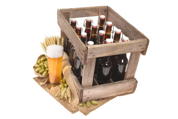 啤酒盒和啤酒杯 装有小麦 啤酒花和麦芽 在白葡萄酒中分离出来 — 图库照片