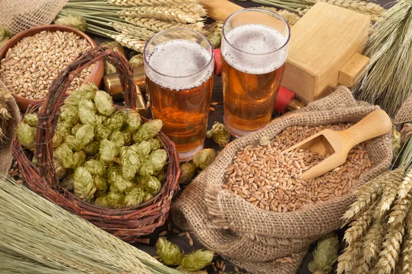 Zwei Biergläser Hammer Zapfhahn Weizen Gerste Hopfen Und Malz — Stockfoto