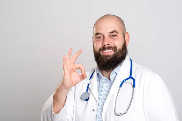 Young Bearded Doctor White Coat All Right — Stock Photo, Image