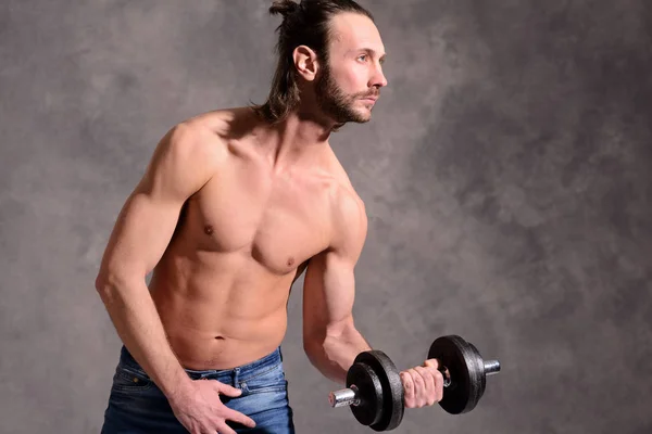 Young White Man Exercised Body Train Bar Bell — Stock Photo, Image