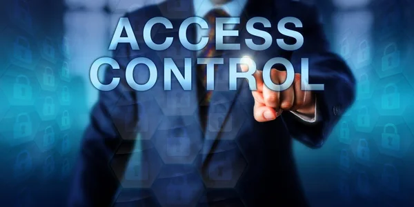 データ所有者は タッチスクリーンインターフェース上でAccess Controlを押しています コンピューティングリソースとネットワークへのアクセス権の選択的制限のための技術とビジネスコンセプト — ストック写真