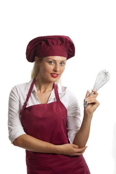 Giovane Donna Uniforme Chef Con Padella — Foto Stock