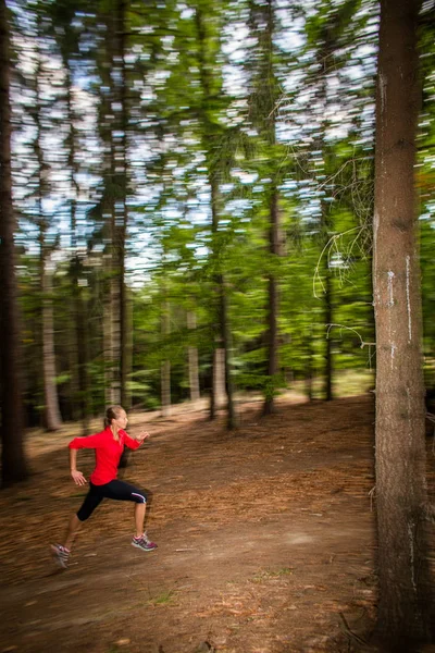 Young Woman Running Outdoors Forest Going Fast Motion Blurred Image — Stock Photo, Image