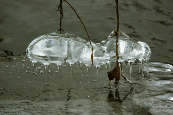 冰的形成 自然艺术 在严重冰冻的洪水后形成 — 图库照片