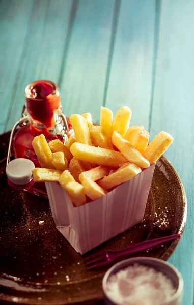 Crispy Golden French Fries Tomato Ketchup Rock Salt Side Served — Stock Photo, Image