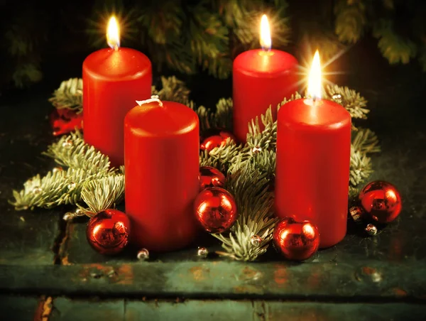 Xmas Advent Wreath Three Lighted Candles 4Th Advent Sunday Rustic — Stock Photo, Image