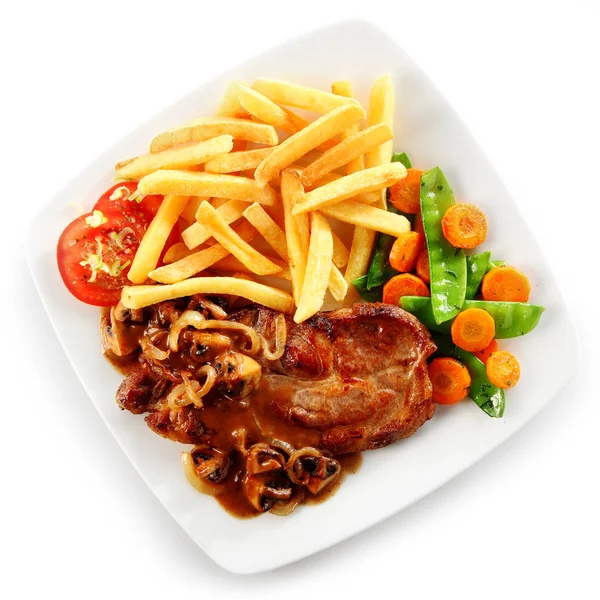 Pork Loin Sugar Snaps French Fries Carrots Top View White — Stock Photo, Image