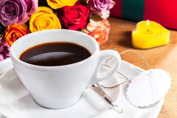 Valentinstag Oder Jubiläum Frühstück Mit Einer Tasse Frisch Gebrühten Schwarzen — Stockfoto