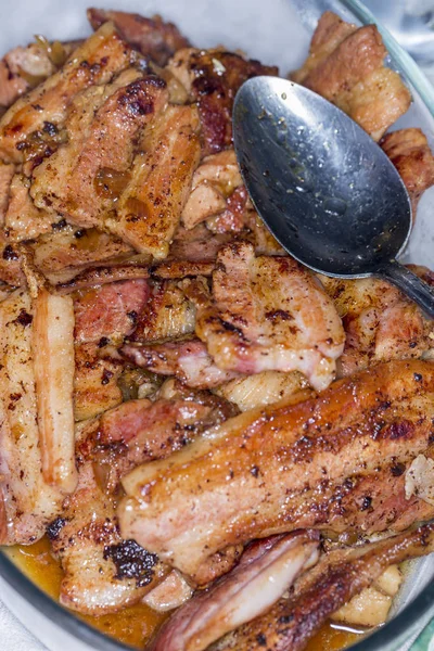 Fried Pork Close Spoon — Stock Photo, Image
