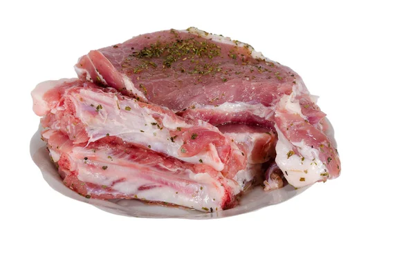 Carne Maiale Fresca Sull Osso Sul Piatto Cottura — Foto Stock