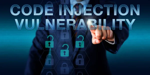 Software Developer Pushing Code Injection Vulnerability Onscreen Three Open Locks — Stock Photo, Image