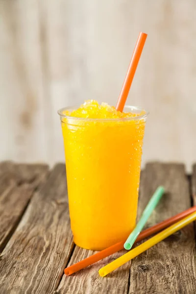 Still Life Profile Refreshing Cool Bright Orange Slush Drink Plastic — Stock Photo, Image