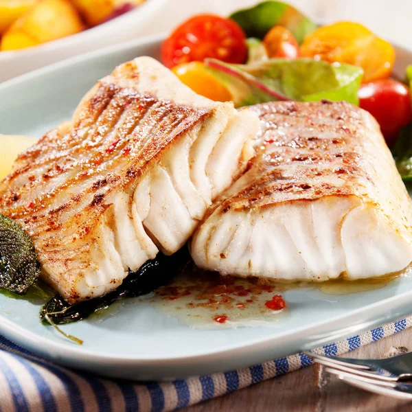 Two Succulent Fillets Savory Grilled Marinated Pollock Coalfish Served Colorful — Stock Photo, Image