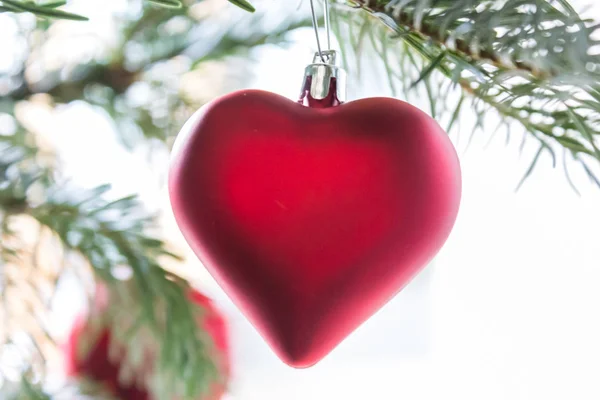 Red Heart Hanging Christmas Tree Romantic Close — стоковое фото
