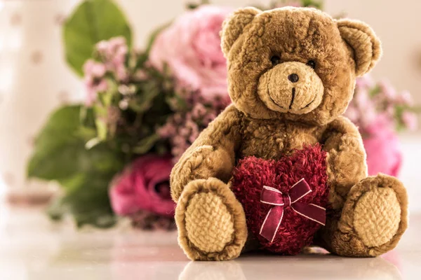 Love You Teddy Bear Heart Background Bouquet Retro — Stock Photo, Image