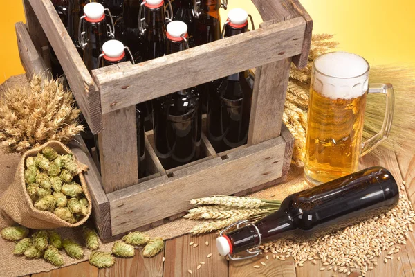 beer box and beer glass with wheat,barley,hops and malt\n