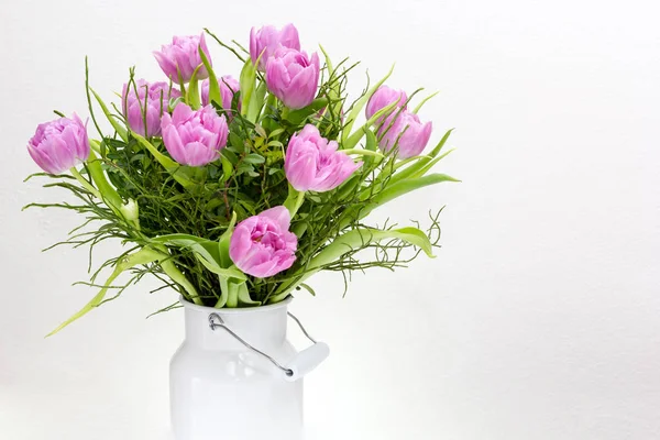 Rosa Violette Tulpen Einer Weißen Milchkanne Vor Weißem Hintergrund — Stockfoto
