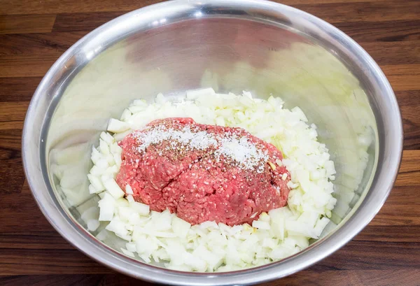 Viande Hachée Dans Bol Argent Allez Aux Boulettes Viande Oeufs — Photo