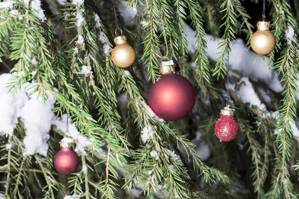Árvore Natal Bolas Árvore Abeto Com Neve — Fotografia de Stock