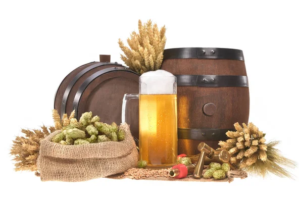 beer glass and two beer barrels with wheat,barley,hops,malt isolated on white\n