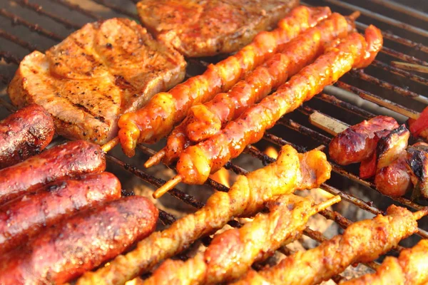 Braadworst Biefstuk Karbonades Kebab Geroosterd Houtskoolgrill — Stockfoto