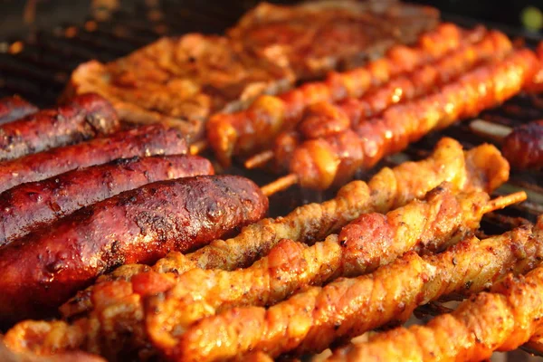 Bratwurst Steak Chops Kebabs Roasting Charcoal Grill — Stock Photo, Image