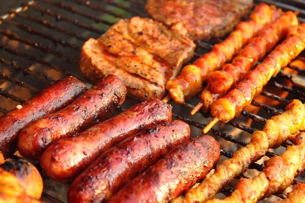 Bratwurst Filete Chuletas Kebabs Asados Parrilla Carbón —  Fotos de Stock