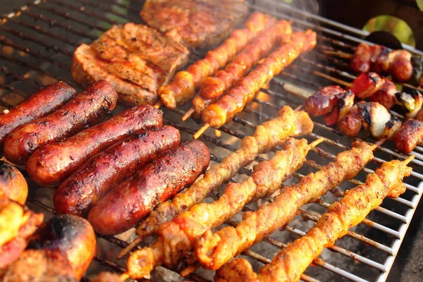 Bratwurst Stek Kotletter Och Kebab Rostning Kolgrillen — Stockfoto