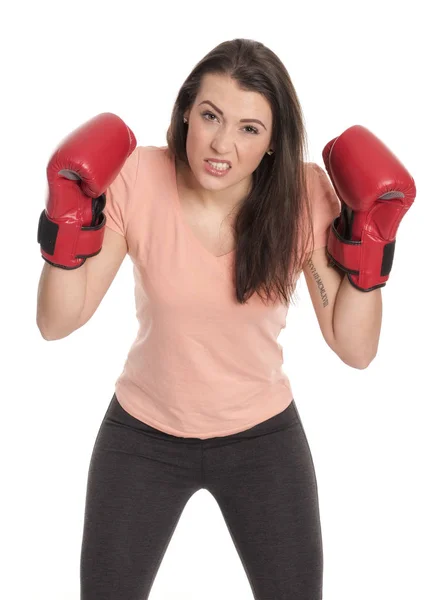 Jeune Femme Avec Des Gants Boxe Rouge — Photo