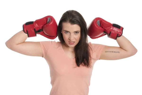 Jonge Vrouw Met Rode Bokshandschoenen — Stockfoto