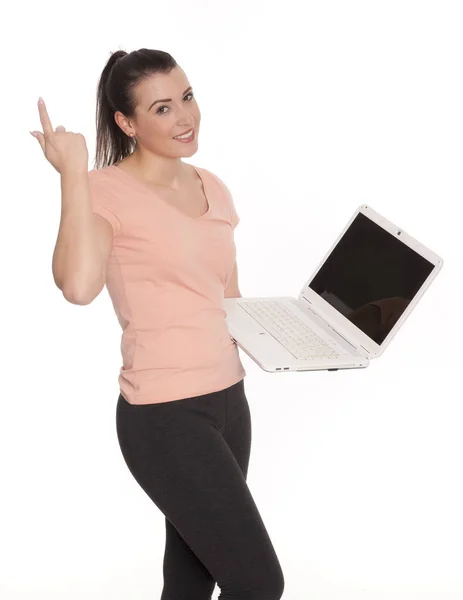 Jovem Mulher Laptop Segurando Uma Apresentação — Fotografia de Stock